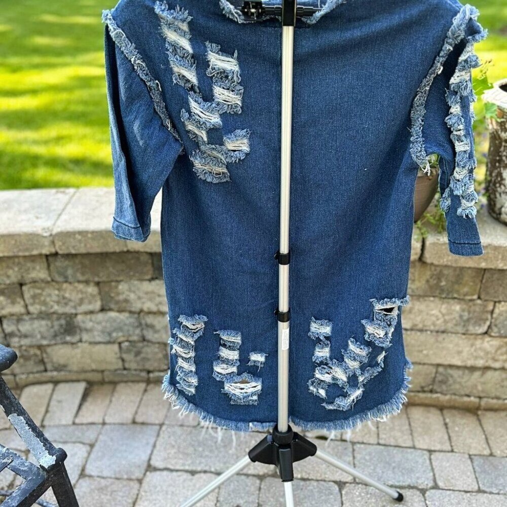 THRILL Denim Embroidered Distressed High-Low Mini Dress Size L - Picture 4 of 11